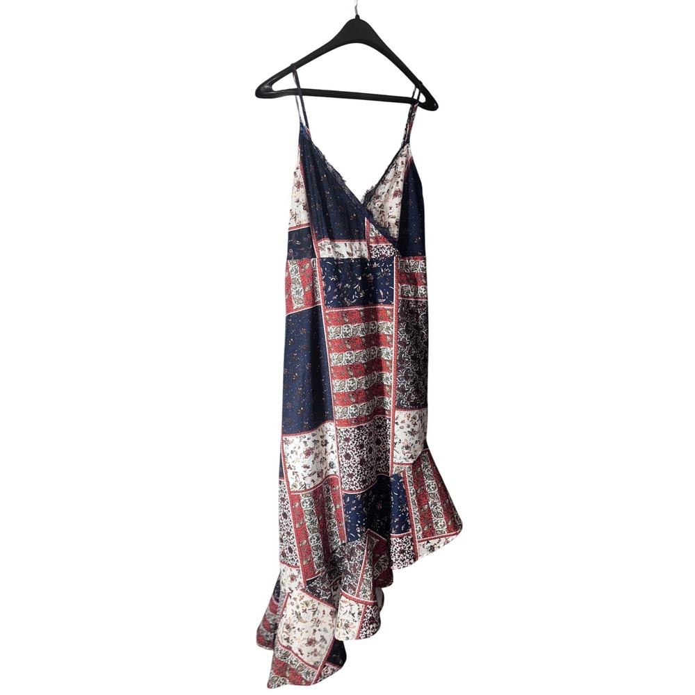 Davi & Dani Womens Patchwork Floral Paisley High Low Ruffle Midi Dress Navy L